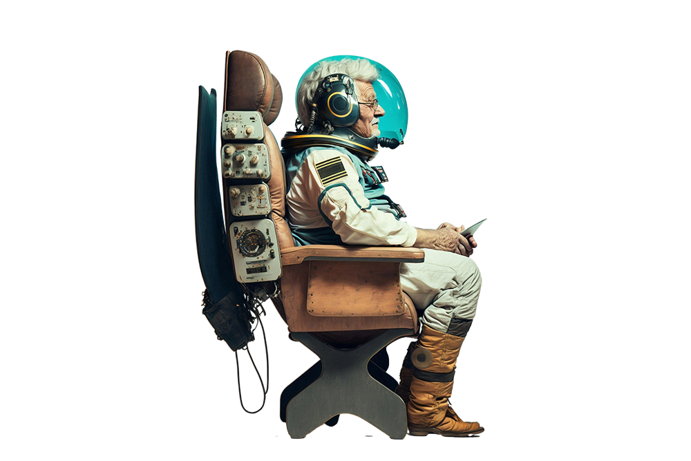 a man in a space suit sitting in a chair